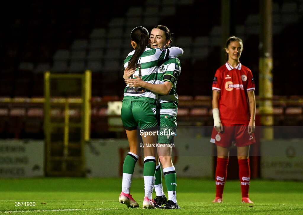19 September 2026; Sadhbh Doyle of Shamrock Rovers celebrates with teammate Ella Kelly of Shamrock Rovers after scoring her side's second goal during the SSE Airtricity Women's Premier Division match between Shelbourne and Shamrock Rovers at Tolka Park in Drumcondra, Dublin. Photo by Mark Kavanagh/Sportsfile
