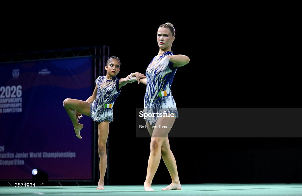 19 September 2026; Ava Guiney and Emily McCarthy of Ireland of Ireland compete in the junior pair during day three of the World Youth Competition at the 2026 Acrobatic Gymnastics World Championships at Vitrifrigo Arena in Pesaro, Italy. Photo by Filippo Tomasi/Sportsfile