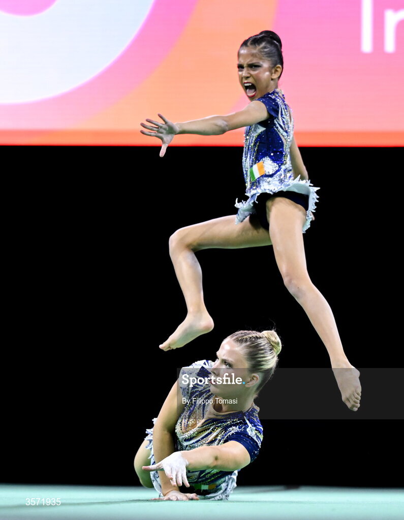 19 September 2026; Ava Guiney and Emily McCarthy of Ireland of Ireland compete in the junior pair during day three of the World Youth Competition at the 2026 Acrobatic Gymnastics World Championships at Vitrifrigo Arena in Pesaro, Italy. Photo by Filippo Tomasi/Sportsfile