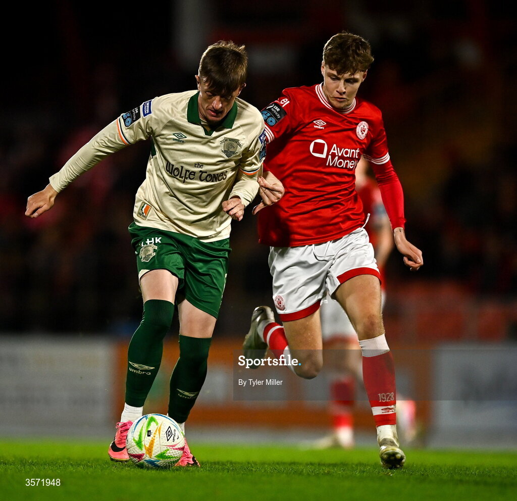 19 September 2026; Chris Forrester of St Patrick's Athletic in action against Reuben Gillespie of Sligo Rovers during the SSE Airtricity Men’s Premier Division match between Sligo Rovers and St Patrick's Athletic at The Showgrounds in Sligo. Photo by Tyler Miller/Sportsfile