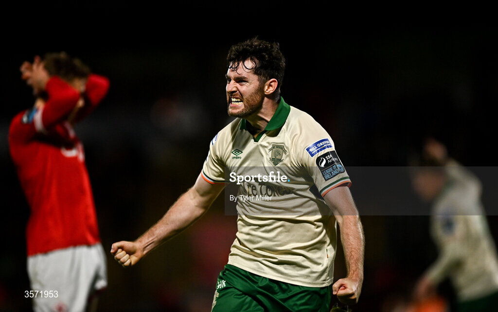 19 September 2026; Aidan Keena of St Patrick's Athletic celebrates after scoring his side's first goal during the SSE Airtricity Men’s Premier Division match between Sligo Rovers and St Patrick's Athletic at The Showgrounds in Sligo. Photo by Tyler Miller/Sportsfile