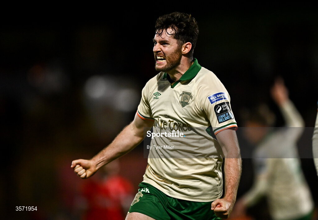 19 September 2026; Aidan Keena of St Patrick's Athletic celebrates after scoring his side's first goal during the SSE Airtricity Men’s Premier Division match between Sligo Rovers and St Patrick's Athletic at The Showgrounds in Sligo. Photo by Tyler Miller/Sportsfile