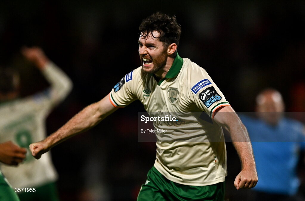 19 September 2026; Aidan Keena of St Patrick's Athletic celebrates after scoring his side's first goal during the SSE Airtricity Men’s Premier Division match between Sligo Rovers and St Patrick's Athletic at The Showgrounds in Sligo. Photo by Tyler Miller/Sportsfile