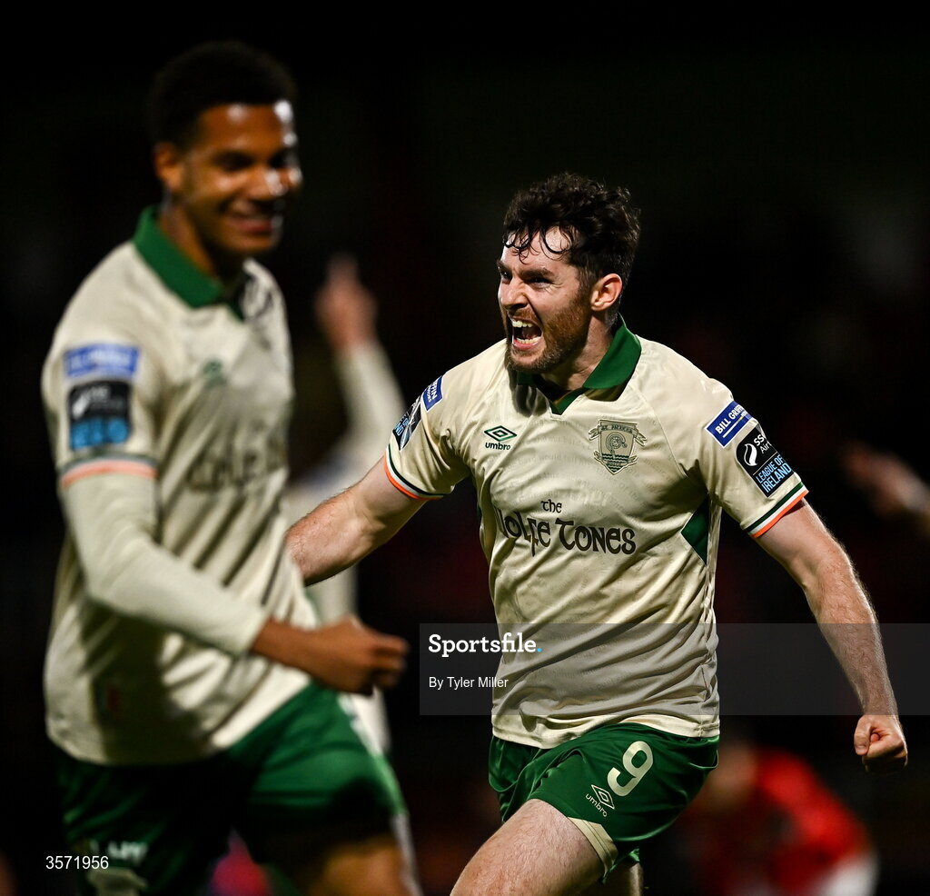 19 September 2026; Aidan Keena of St Patrick's Athletic celebrates after scoring his side's first goal during the SSE Airtricity Men’s Premier Division match between Sligo Rovers and St Patrick's Athletic at The Showgrounds in Sligo. Photo by Tyler Miller/Sportsfile