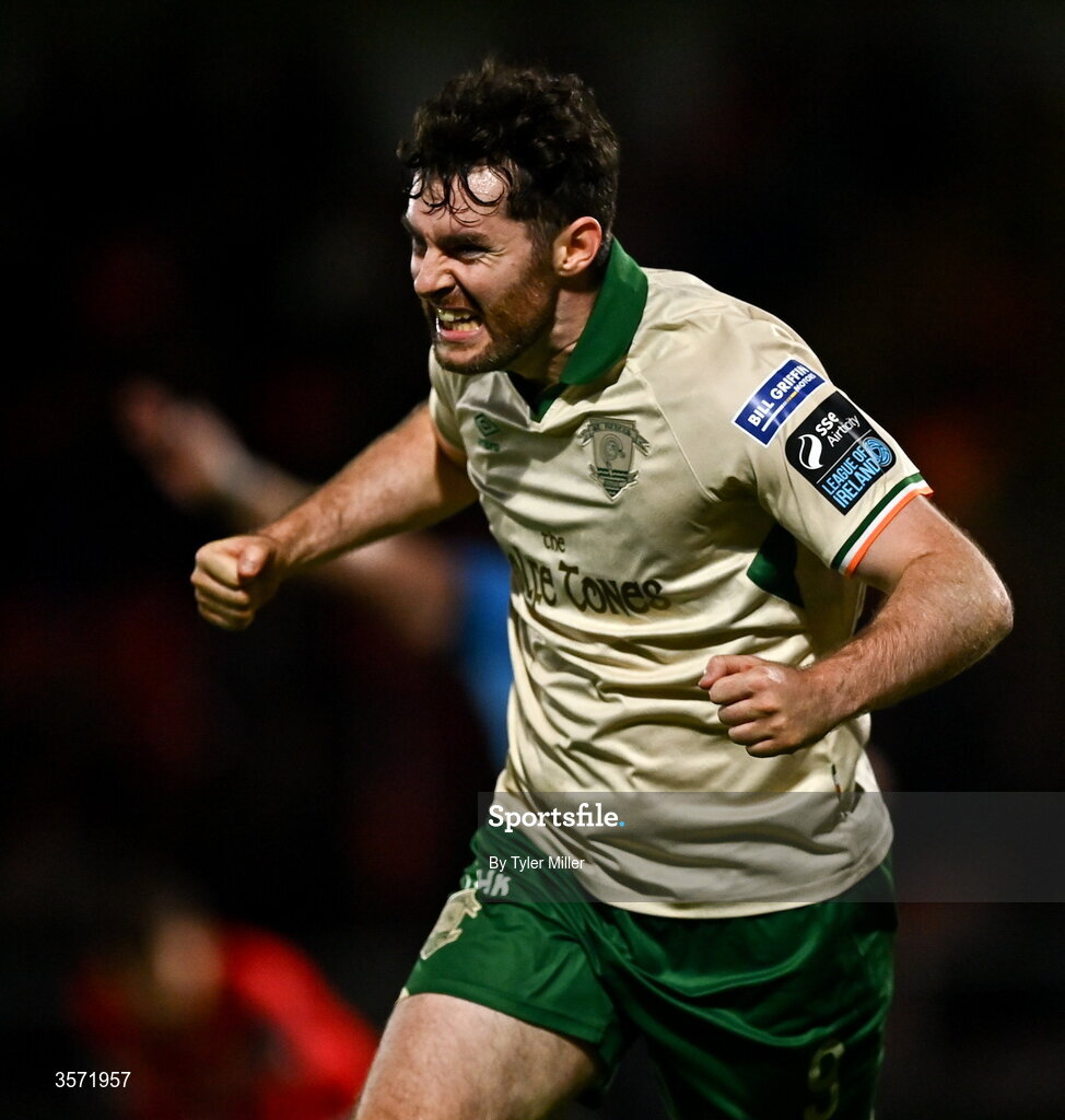 19 September 2026; Aidan Keena of St Patrick's Athletic celebrates after scoring his side's first goal during the SSE Airtricity Men’s Premier Division match between Sligo Rovers and St Patrick's Athletic at The Showgrounds in Sligo. Photo by Tyler Miller/Sportsfile