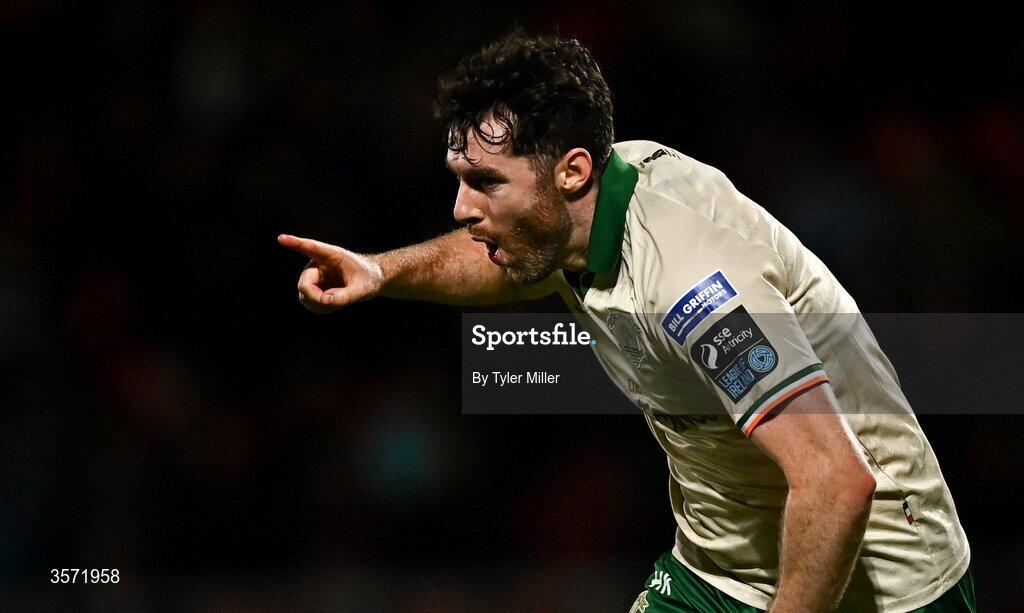 19 September 2026; Aidan Keena of St Patrick's Athletic celebrates after scoring his side's first goal during the SSE Airtricity Men’s Premier Division match between Sligo Rovers and St Patrick's Athletic at The Showgrounds in Sligo. Photo by Tyler Miller/Sportsfile