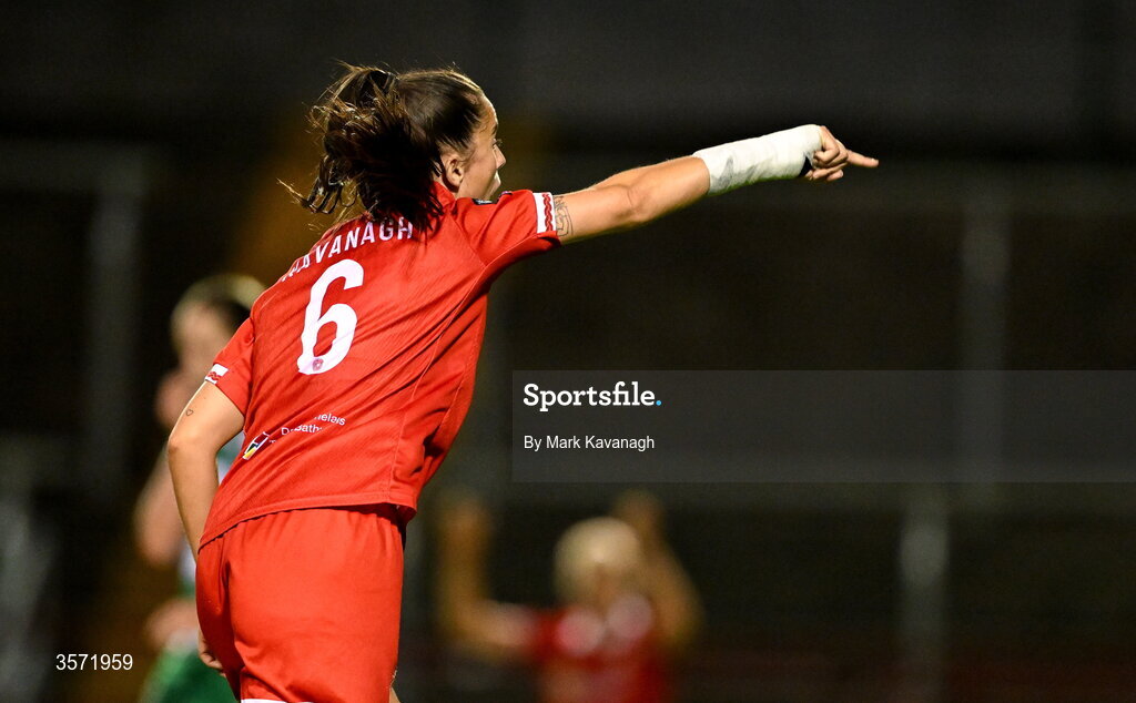 19 September 2026; Alex Kavanagh of Shelbourne celebrates after scoring her sides second goal during the SSE Airtricity Women's Premier Division match between Shelbourne and Shamrock Rovers at Tolka Park in Drumcondra, Dublin. Photo by Mark Kavanagh/Sportsfile