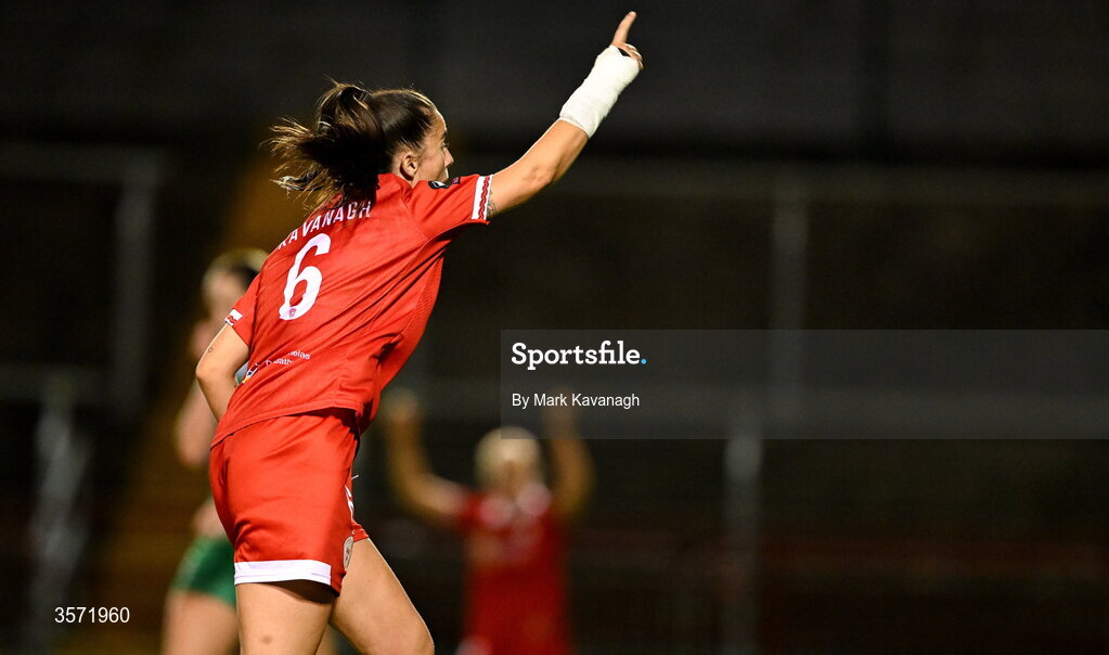 19 September 2026; Alex Kavanagh of Shelbourne celebrates after scoring her sides second goal during the SSE Airtricity Women's Premier Division match between Shelbourne and Shamrock Rovers at Tolka Park in Drumcondra, Dublin. Photo by Mark Kavanagh/Sportsfile