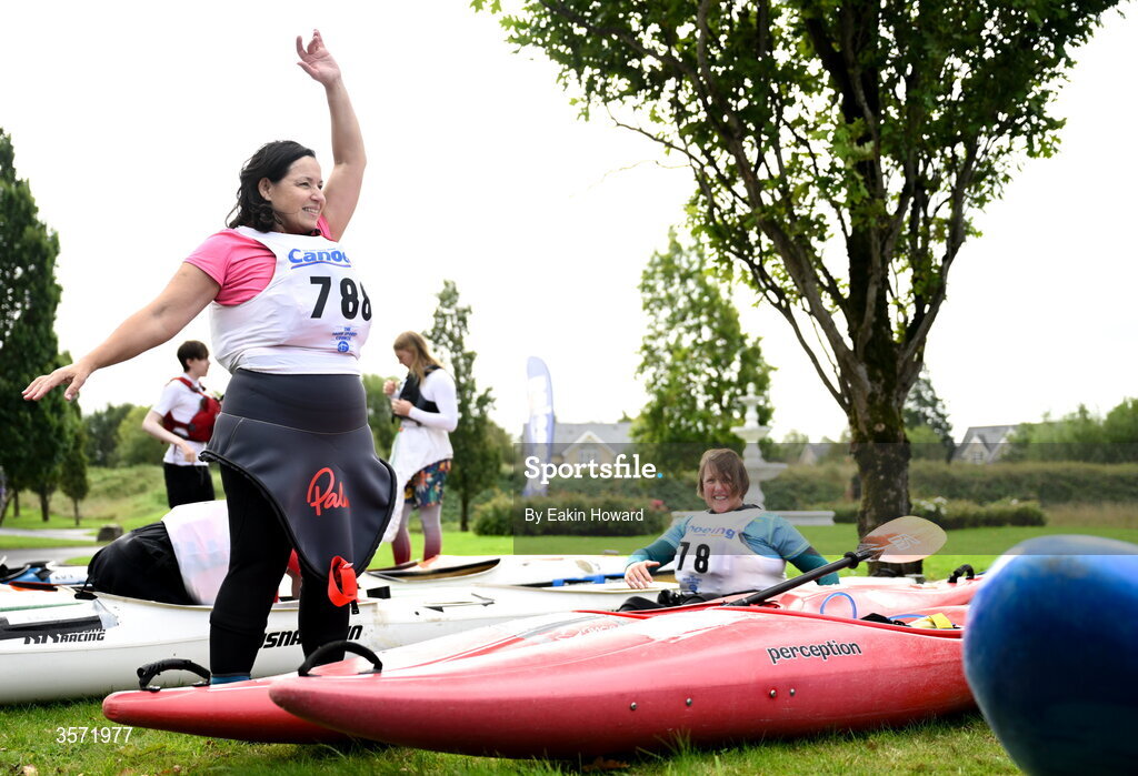 19 September 2026; Bernice O'Donnell of Phoenix Kayak Club, Cork, competing in the K1 Class C +49 event, stretches before the 65th International Liffey Descent at The K Club in Straffan, Kildare. Photo by Eakin Howard/Sportsfile