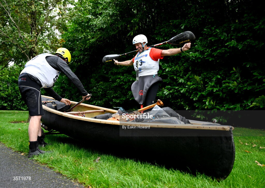 19 September 2026; Connor McCoy of BCC, competing in the K1 A +39 event, talks with David Gibson of Belfast Kayak Club, competing in the Open Canoe - Single Canadian Canoe event, before the 65th International Liffey Descent at The K Club in Straffan, Kildare. Photo by Eakin Howard/Sportsfile