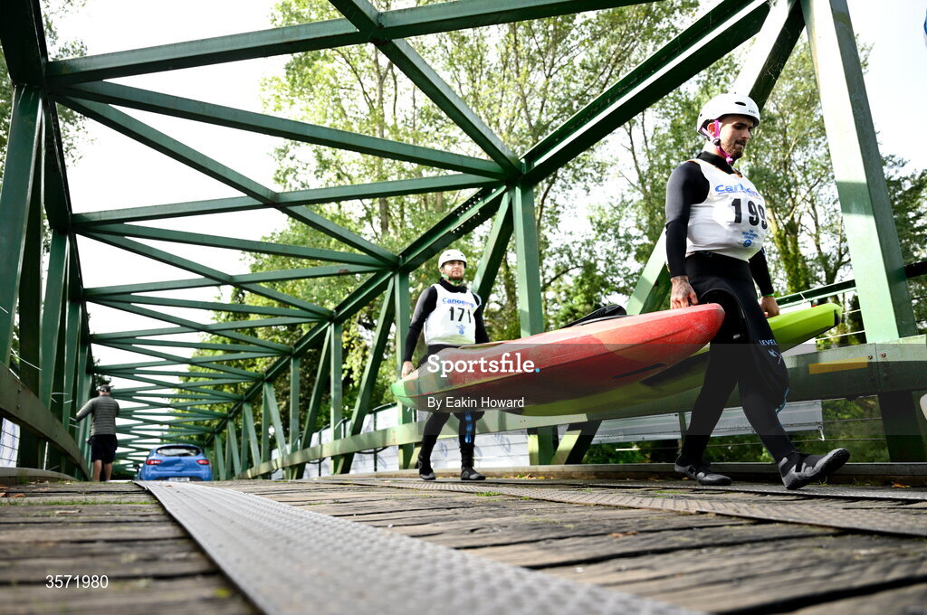 19 September 2026; Paul Kruger and Reece Gillick, competing in the K1 Class C event, walk to the river before the 65th International Liffey Descent at The K Club in Straffan, Kildare. Photo by Eakin Howard/Sportsfile
