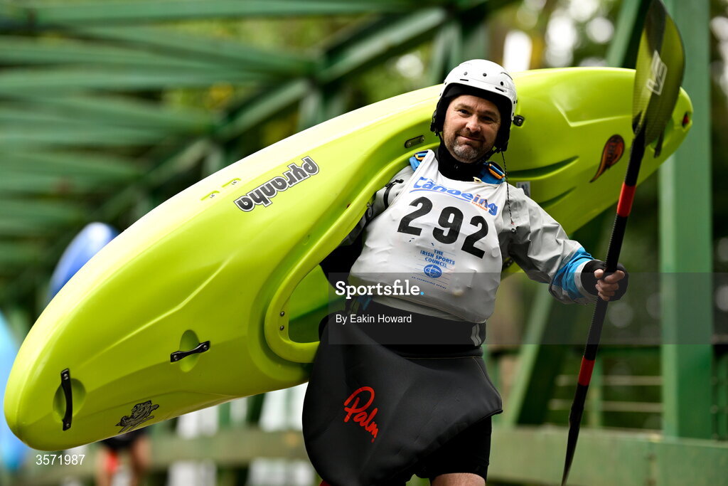 19 September 2026; Brendan Nestor of Errit Kayak Club, competing in the K1 Class C +39, walks to the river before the 65th International Liffey Descent at The K Club in Straffan, Kildare. Photo by Eakin Howard/Sportsfile