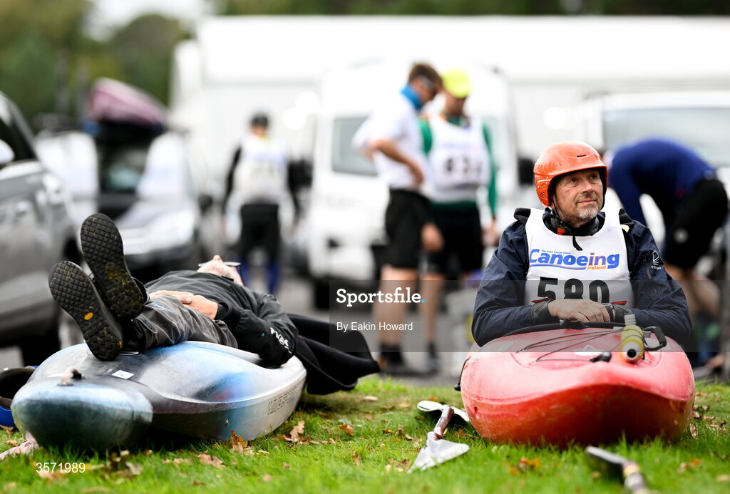 19 September 2026; Gary Beggan of Shannon Paddlers and Peter Nash of Whoosh Explore Canoe Club, competing in the K1 Class C +49 event, wait to put in the water before the 65th International Liffey Descent at The K Club in Straffan, Kildare. Photo by Eakin Howard/Sportsfile