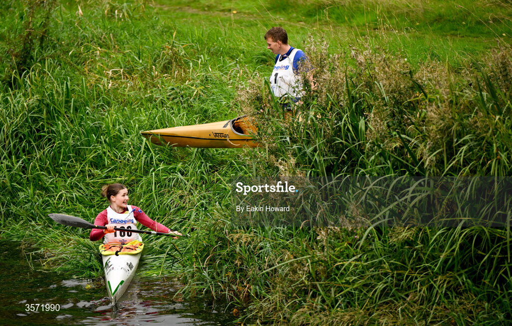 19 September 2026; Millie Brennan of Thomastown Paddlers, competing in the K1 A Women's event, and Patrick Blount of Wild Water Kayak Club, competing in the Over 49 K2 event, put in before the 65th International Liffey Descent at The K Club in Straffan, Kildare. Photo by Eakin Howard/Sportsfile