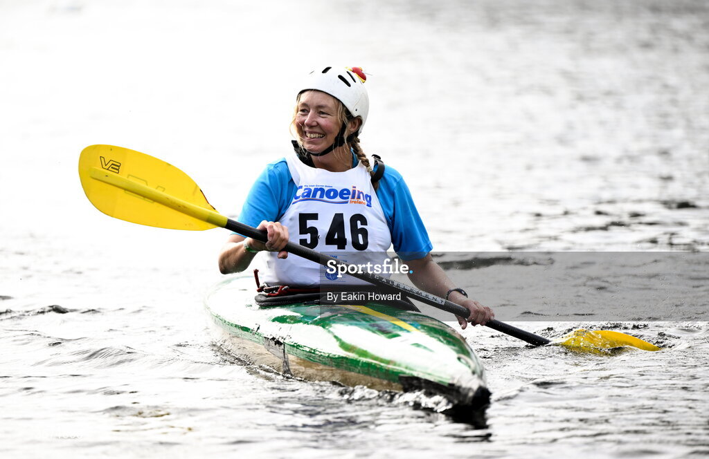 19 September 2026; Eileen Kelly of Castleknock Community College reacts after crossing the finish line after competing in the K1 Class C +49 event during the 65th International Liffey Descent at Dublin University Boat Club in Kilmainham, Dublin. Photo by Eakin Howard/Sportsfile