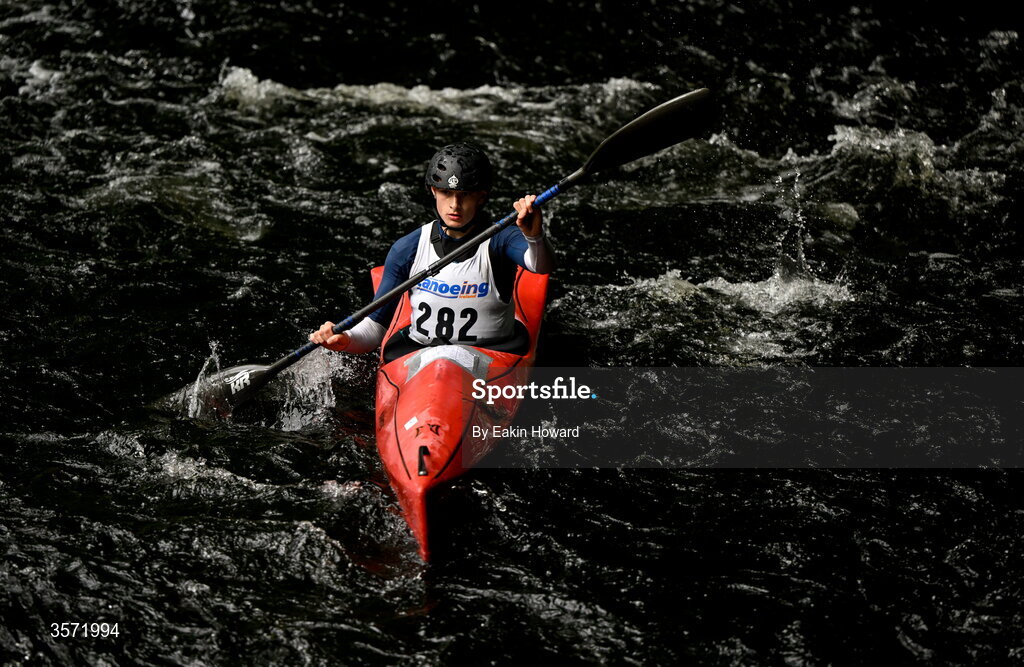 19 September 2026; Will Duffy of Athy Rowing and Canoeing competes in the Junior Classes over 16 K1B event during the 65th International Liffey Descent at Sluice Weir in Lucan, Dublin. Photo by Eakin Howard/Sportsfile