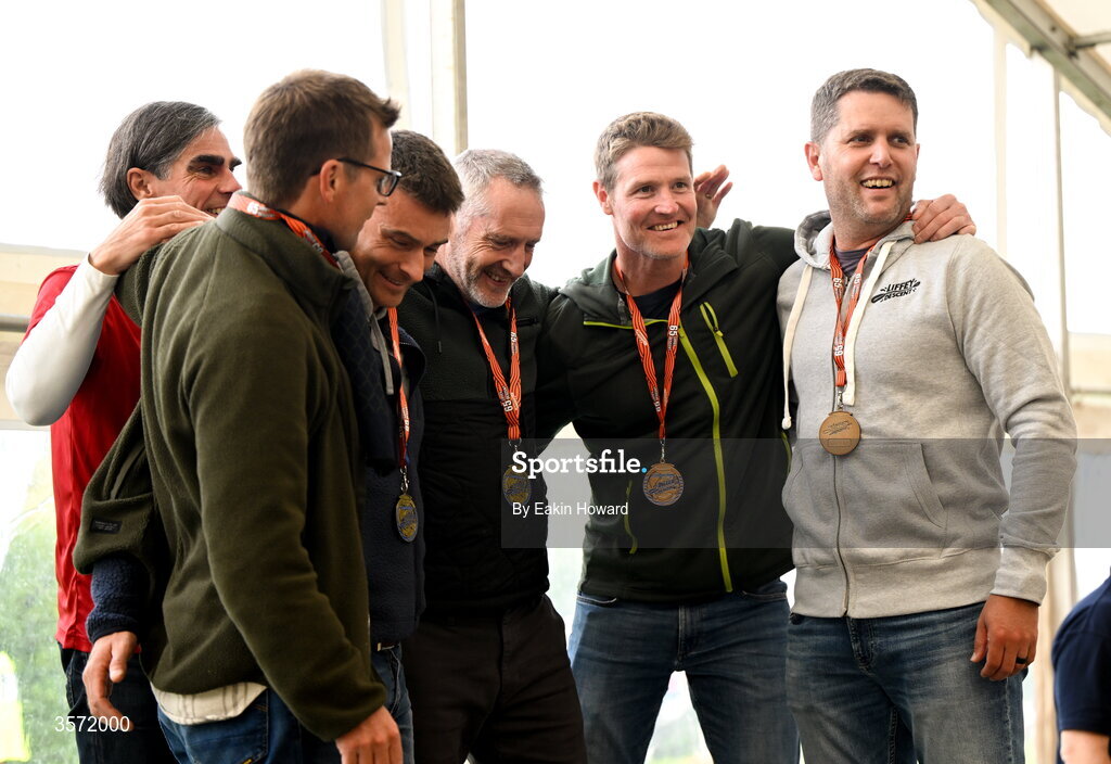 19 September 2026; The winners of the Over 39 K2 celebrate on the podium during the 65th International Liffey Descent at Dublin University Boat Club in Kilmainham, Dublin. Photo by Eakin Howard/Sportsfile