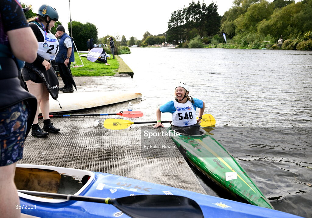 19 September 2026; Eileen Kelly of Castleknock Community College reacts after crossing the finish line after competing in the K1 Class C +49 event during the 65th International Liffey Descent at Dublin University Boat Club in Kilmainham, Dublin. Photo by Eakin Howard/Sportsfile