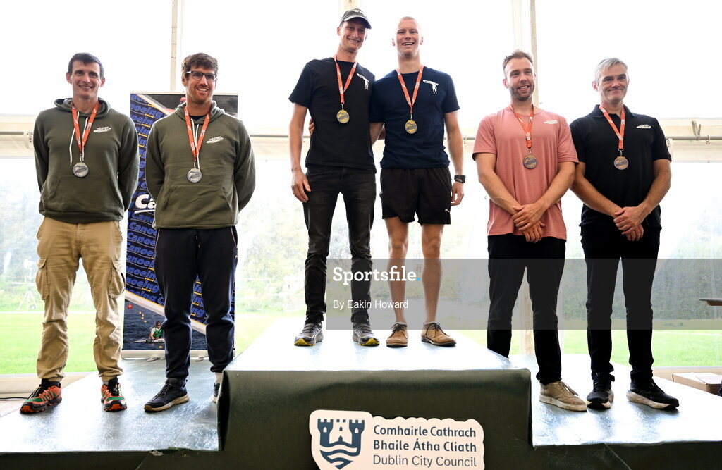 19 September 2026; Gold medalists Matthew Fenn and Bradley Boulle of South Africa, silver medalists Nicolas Lambert of Kayak Club Terre de Camargue and Cyrille Carree of Auxerre, and bronze medalists Jamie Christie of Soar Valley and Phil Dooney of Palmerstown on the podium after the K2 event during the 65th International Liffey Descent at Dublin University Boat Club in Kilmainham, Dublin. Photo by Eakin Howard/Sportsfile