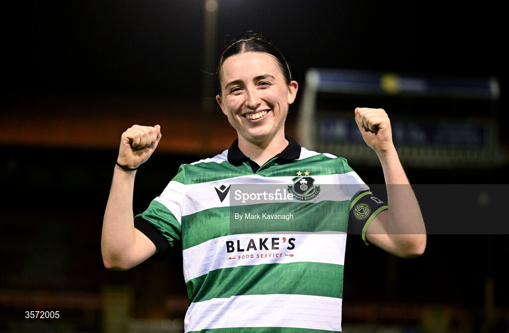 19 September 2026; Captain Sadhbh Doyle of Shamrock Rovers celebrates after her side's win in the SSE Airtricity Women's Premier Division match between Shelbourne and Shamrock Rovers at Tolka Park in Drumcondra, Dublin. Photo by Mark Kavanagh/Sportsfile