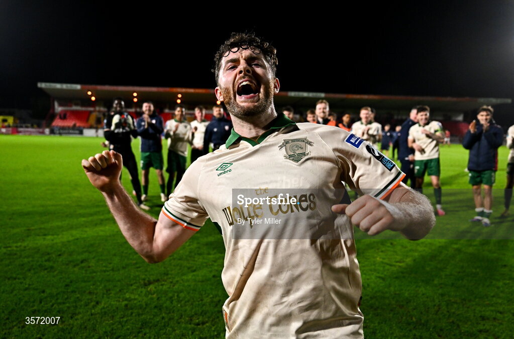 19 September 2026; Aidan Keena of St Patrick's Athletic celebrates after the SSE Airtricity Men’s Premier Division match between Sligo Rovers and St Patrick's Athletic at The Showgrounds in Sligo. Photo by Tyler Miller/Sportsfile
