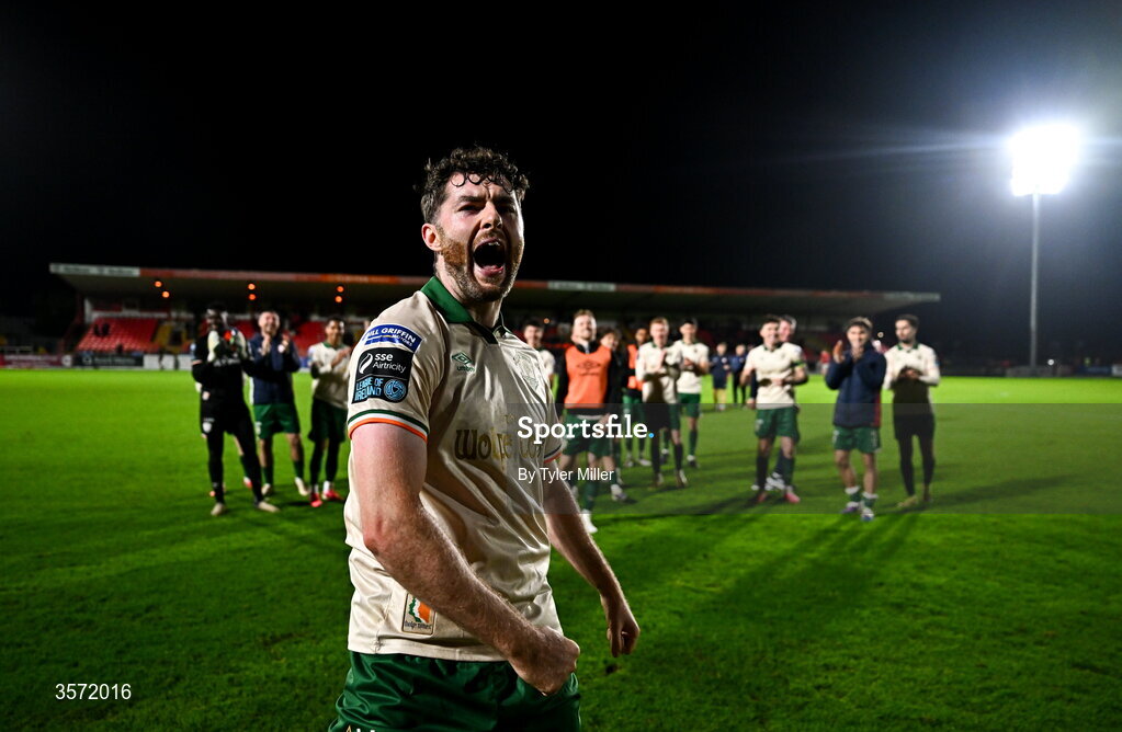 19 September 2026; Aidan Keena of St Patrick's Athletic celebrates after the SSE Airtricity Men’s Premier Division match between Sligo Rovers and St Patrick's Athletic at The Showgrounds in Sligo. Photo by Tyler Miller/Sportsfile
