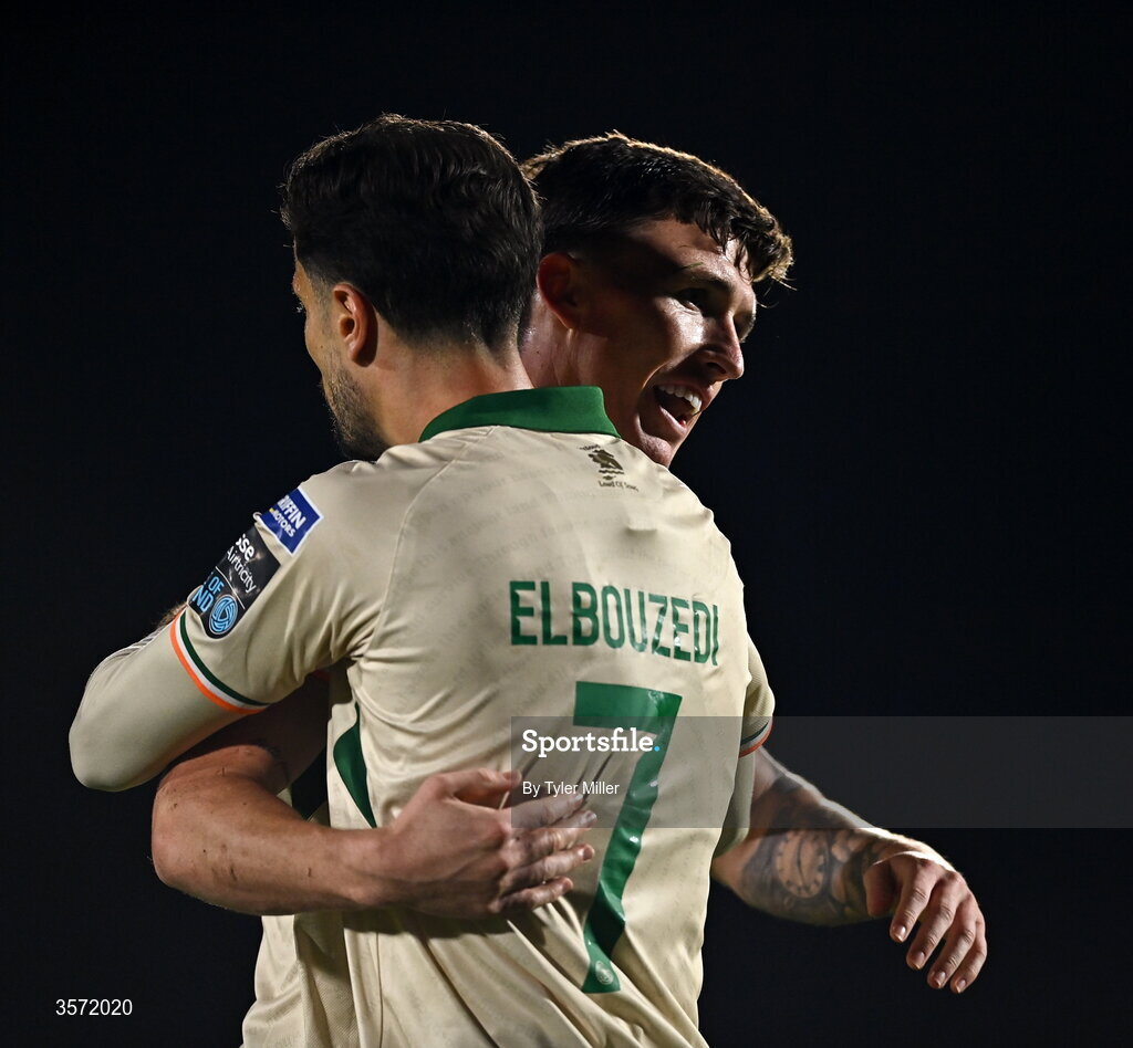19 September 2026; Joe Redmond of St Patrick's Athletic, right, celebrates with team-mate Zack Elbouzedi after the SSE Airtricity Men’s Premier Division match between Sligo Rovers and St Patrick's Athletic at The Showgrounds in Sligo. Photo by Tyler Miller/Sportsfile