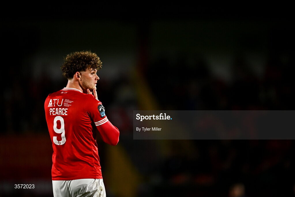 19 September 2026; Luke Pearce of Sligo Rovers reacts during the SSE Airtricity Men’s Premier Division match between Sligo Rovers and St Patrick's Athletic at The Showgrounds in Sligo. Photo by Tyler Miller/Sportsfile