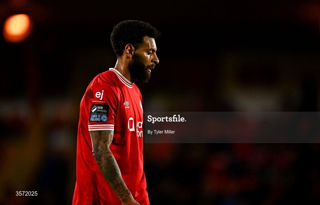 19 September 2026; Kaiyne Woolery of Sligo Rovers reacts during the SSE Airtricity Men’s Premier Division match between Sligo Rovers and St Patrick's Athletic at The Showgrounds in Sligo. Photo by Tyler Miller/Sportsfile