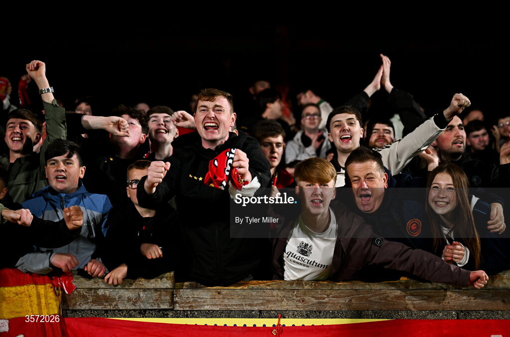 19 September 2026; St Patrick's Athletic supporters after the SSE Airtricity Men’s Premier Division match between Sligo Rovers and St Patrick's Athletic at The Showgrounds in Sligo. Photo by Tyler Miller/Sportsfile
