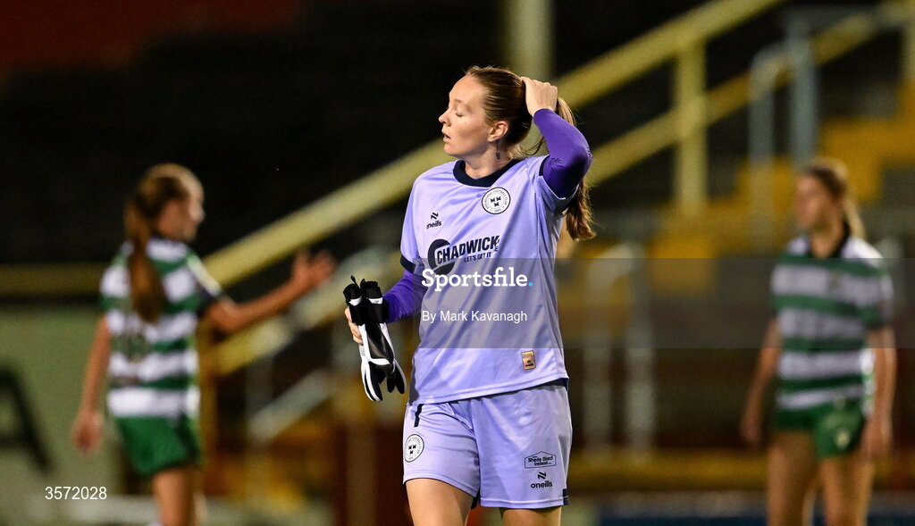 19 September 2026; Shelbourne goalkeeper Mya Sanchez reacts after her side's loss after the SSE Airtricity Women's Premier Division match between Shelbourne and Shamrock Rovers at Tolka Park in Drumcondra, Dublin. Photo by Mark Kavanagh/Sportsfile