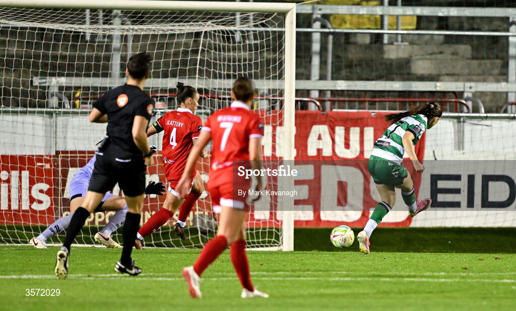 19 September 2026; Emily Fitzgerald of Shamrock Rovers scores her side's forth goal during the SSE Airtricity Women's Premier Division match between Shelbourne and Shamrock Rovers at Tolka Park in Drumcondra, Dublin. Photo by Mark Kavanagh/Sportsfile