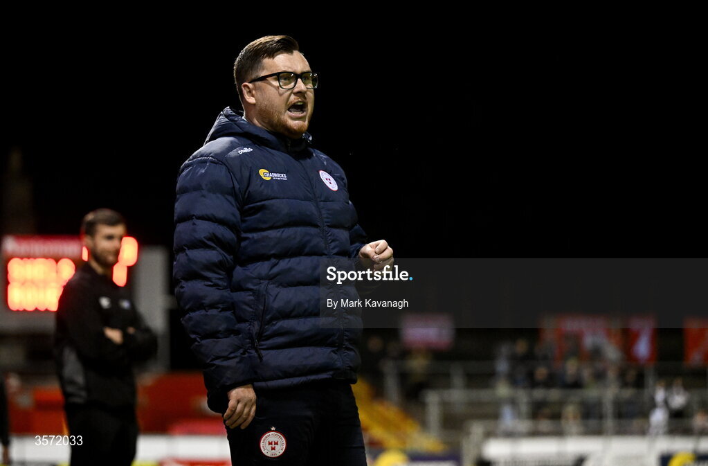 19 September 2026; Shelbourne manager Sean Russell reacts during the SSE Airtricity Women's Premier Division match between Shelbourne and Shamrock Rovers at Tolka Park in Drumcondra, Dublin. Photo by Mark Kavanagh/Sportsfile