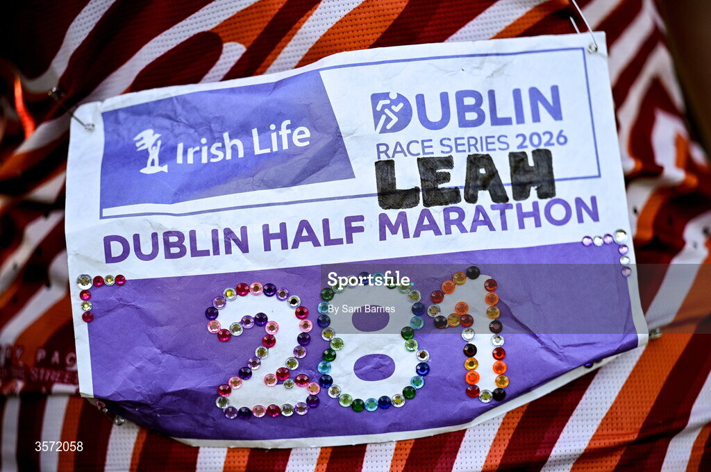 20 September 2026; A detailed view of the race number of Leah Carroll from Tipperary before the 2026 Irish Life Dublin Half Marathon, which took place on Sunday 20th September in Phoenix Park, marking the final event of the 2026 Irish Life Dublin Race Series. Photo by Sam Barnes/Sportsfile