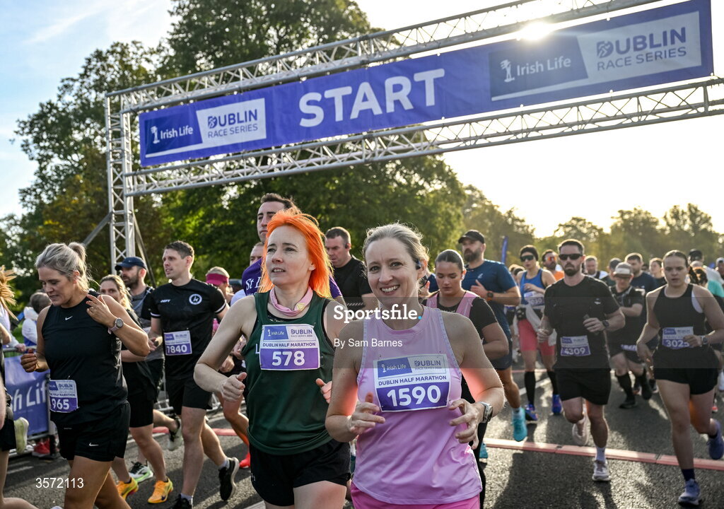 20 September 2026; Lorraine Flannery from Dublin, 578, and Lorna Flannery from Dublin during the 2026 Irish Life Dublin Half Marathon, which took place on Sunday 20th September in Phoenix Park, marking the final event of the 2026 Irish Life Dublin Race Series. Photo by Sam Barnes/Sportsfile