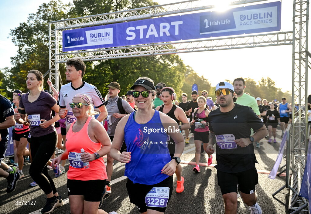 20 September 2026; Lorraine Flannery from Dublin, left, and Hilery Junge from Wicklow pictured during the 2026 Irish Life Dublin Half Marathon, which took place on Sunday 20th September in Phoenix Park, marking the final event of the 2026 Irish Life Dublin Race Series. Photo by Sam Barnes/Sportsfile