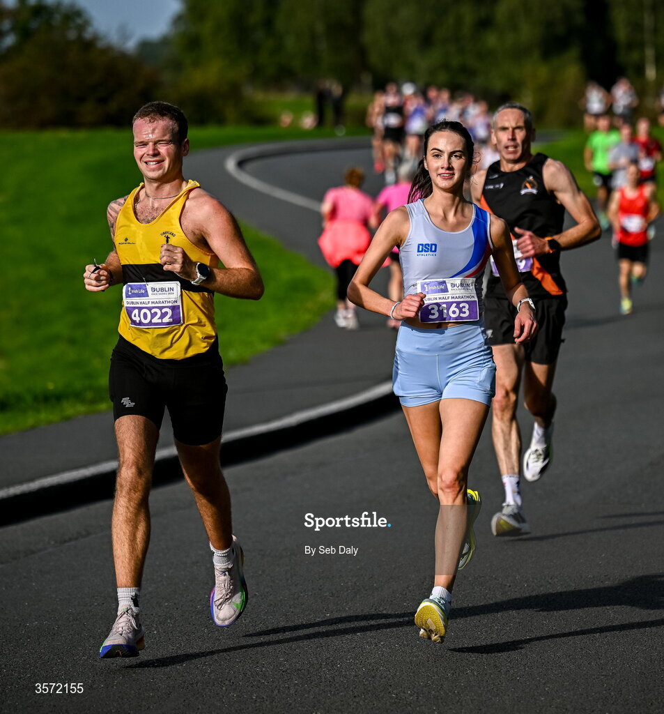 20 September 2026; Lauren Graham from Dublin, right, and Ben Dowling from Carlow pictured during the 2026 Irish Life Dublin Half Marathon, which took place on Sunday 20th September in Phoenix Park, marking the final event of the 2026 Irish Life Dublin Race Series. Photo by Seb Daly/Sportsfile