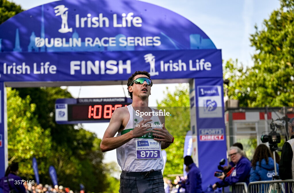 20 September 2026; James Hyland of Raheny Shamrocks after crossing the line to win the 2026 Irish Life Dublin Half Marathon, which took place on Sunday 20th September in Phoenix Park, marking the final event of the 2026 Irish Life Dublin Race Series. Photo by Sam Barnes/Sportsfile