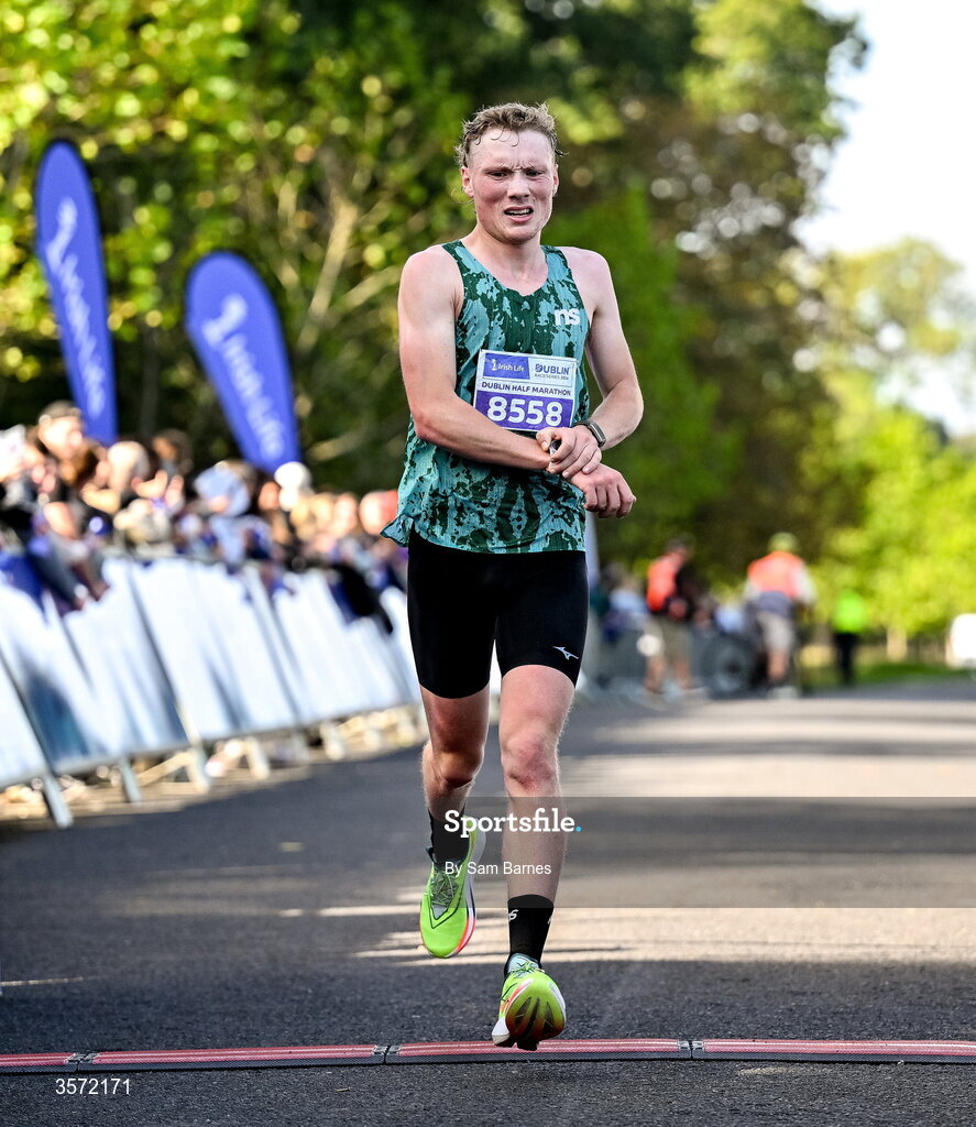 20 September 2026; Matthew Mc Connell from Wicklow crosses the line to finish third in the 2026 Irish Life Dublin Half Marathon, which took place on Sunday 20th September in Phoenix Park, marking the final event of the 2026 Irish Life Dublin Race Series. Photo by Sam Barnes/Sportsfile