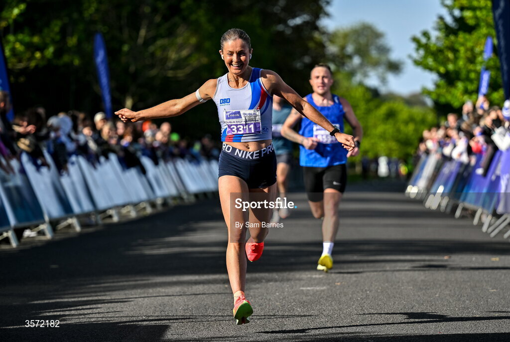 20 September 2026; Ruby Wall from Dublin crosses the line as second place female finisher pictured during the 2026 Irish Life Dublin Half Marathon, which took place on Sunday 20th September in Phoenix Park, marking the final event of the 2026 Irish Life Dublin Race Series. Photo by Sam Barnes/Sportsfile