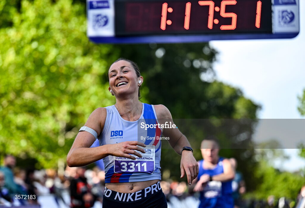 20 September 2026; Ruby Wall from Dublin crosses the line as second place female finisher pictured during the 2026 Irish Life Dublin Half Marathon, which took place on Sunday 20th September in Phoenix Park, marking the final event of the 2026 Irish Life Dublin Race Series. Photo by Sam Barnes/Sportsfile