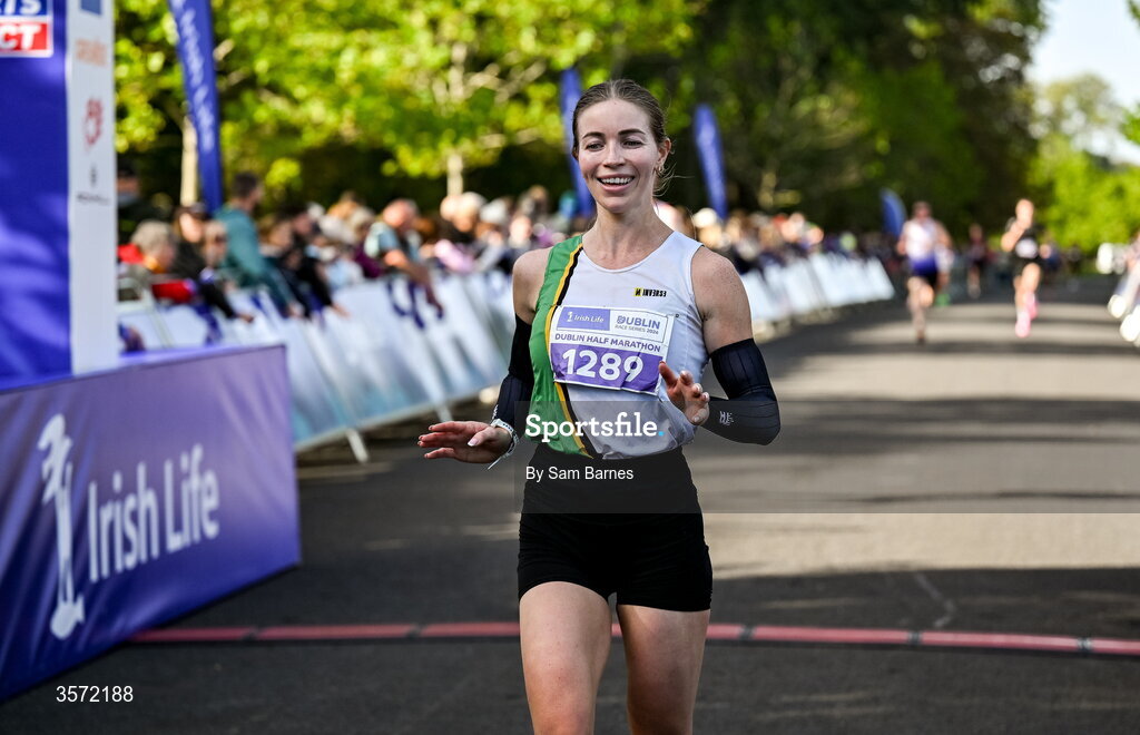 20 September 2026; Sarah Diamond from Wicklow crosses the line as third place female finisher during the 2026 Irish Life Dublin Half Marathon, which took place on Sunday 20th September in Phoenix Park, marking the final event of the 2026 Irish Life Dublin Race Series. Photo by Sam Barnes/Sportsfile