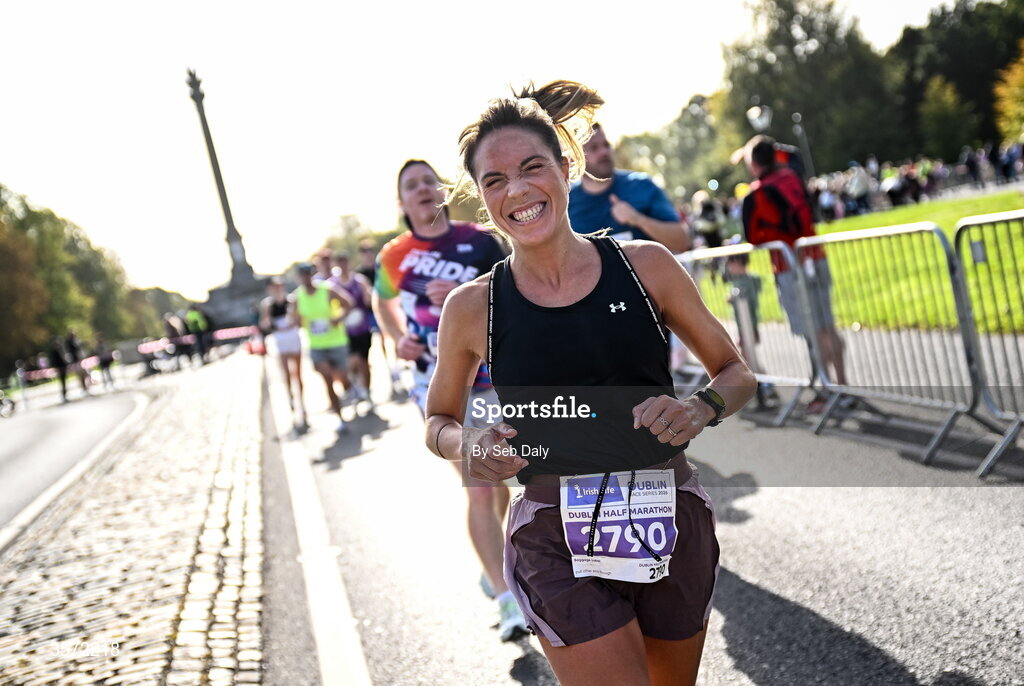 20 September 2026; Lucia Cerrada Lastra from Dublin pictured during the 2026 Irish Life Dublin Half Marathon, which took place on Sunday 20th September in Phoenix Park, marking the final event of the 2026 Irish Life Dublin Race Series. Photo by Seb Daly/Sportsfile