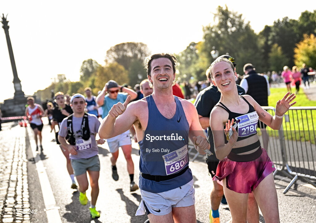 20 September 2026; Shane Doyle from Dublin, left, and Ceara Belton from Dublin pictured during the 2026 Irish Life Dublin Half Marathon, which took place on Sunday 20th September in Phoenix Park, marking the final event of the 2026 Irish Life Dublin Race Series. Photo by Seb Daly/Sportsfile