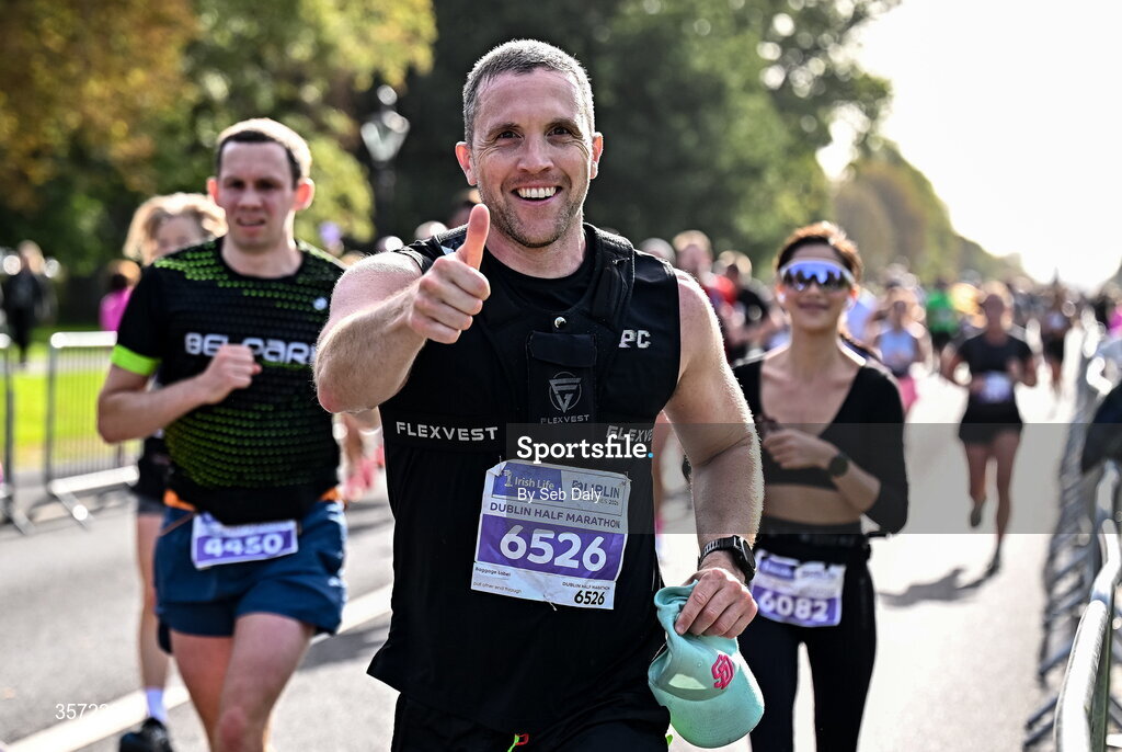 20 September 2026; Dylan Banahan from Dublin pictured during the 2026 Irish Life Dublin Half Marathon, which took place on Sunday 20th September in Phoenix Park, marking the final event of the 2026 Irish Life Dublin Race Series. Photo by Seb Daly/Sportsfile