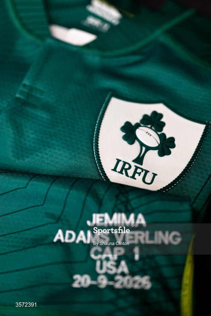 20 September 2026; The jersey of Ireland debutant Jemima Adams Verling is seen in the dressing room ahead of the WXV Global Series match between Ireland and USA at Tallaght Stadium in Dublin. Photo by Shauna Clinton/Sportsfile