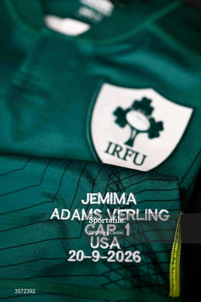 20 September 2026; The jersey of Ireland debutant Jemima Adams Verling is seen in the dressing room ahead of the WXV Global Series match between Ireland and USA at Tallaght Stadium in Dublin. Photo by Shauna Clinton/Sportsfile