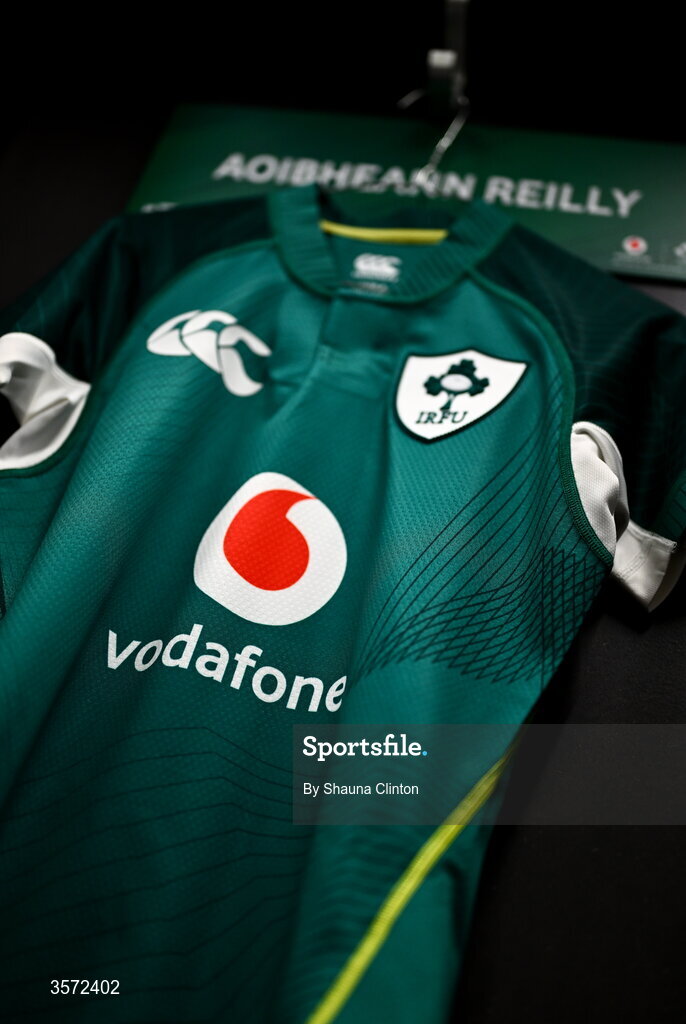 20 September 2026; The jersey of Aoibheann Reilly of Ireland is seen hanging in the dressing room ahead of the WXV Global Series match between Ireland and USA at Tallaght Stadium in Dublin. Photo by Shauna Clinton/Sportsfile