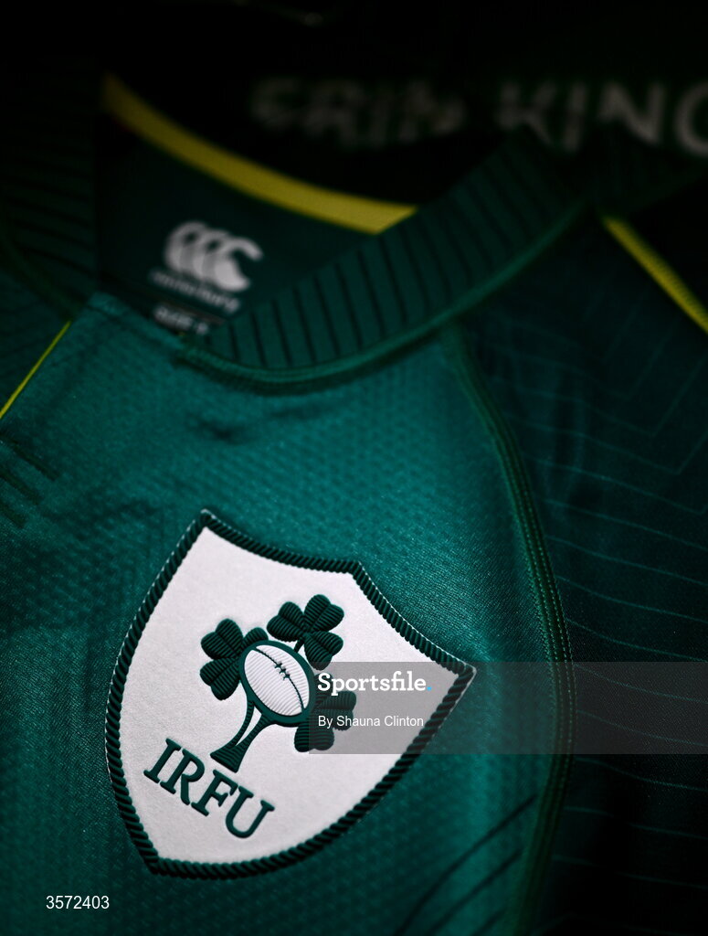20 September 2026; The jersey of Ireland captain Erin King is seen hanging in the dressing room ahead of the WXV Global Series match between Ireland and USA at Tallaght Stadium in Dublin. Photo by Shauna Clinton/Sportsfile