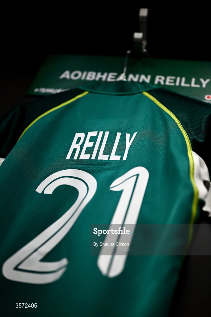 20 September 2026; The jersey of Aoibheann Reilly of Ireland is seen hanging in the dressing room ahead of the WXV Global Series match between Ireland and USA at Tallaght Stadium in Dublin. Photo by Shauna Clinton/Sportsfile